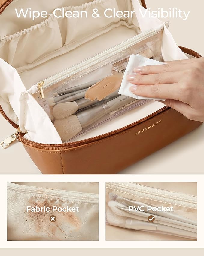 BAGSMART Makeup Bag Travel Cosmetic Bag, Large Make Up Bag Flat Open Toiletry Bag for Women, PU Leather Travel Essentials Organizer Case, Wide-open Pouch Purse for Skincare, Brushes, Cream Beige