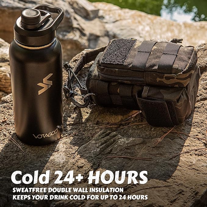 32 Oz Insulated Water Bottle - Stainless Steel Tactical Flask With Straw Lid & Chug Cap, Metal Military Water Bottle With Rugged, Removable Sleeve Can Place Items for Hiking Camping Hunting