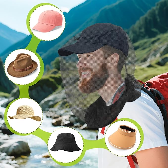 South to East Premium Mosquito Head Net for Insect 2 Pack, Ultra Clear View, Extra Fine Holes, Chemical-Free Fly & Bug Protection for Camping, Hiking, Fishing, Safari, Fit All Hats for Men & Women