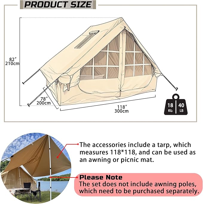 Inflatable Camping Tent for 4 Person with Heavy Duty 600D Oxford Fabric - Blow Up Tent Includes Rainfly & Air Pump,Easy Setup, Portable All Season Cabin House for Family Camping