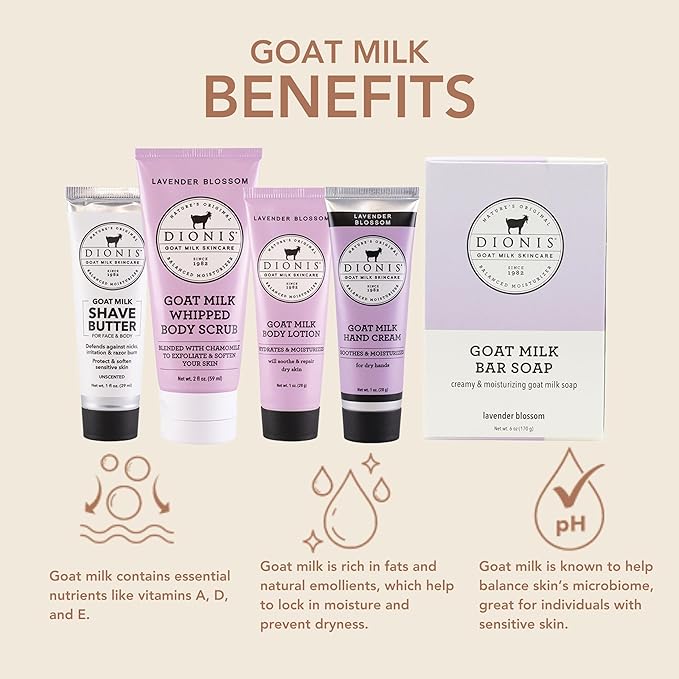 Dionis Goat Milk Lavender Blossom Hand Cream, Body Lotion, Whipped Body Scrub, Shave Butter, Bar Soap 6 oz & Carrying Case 6-Piece Travel Set