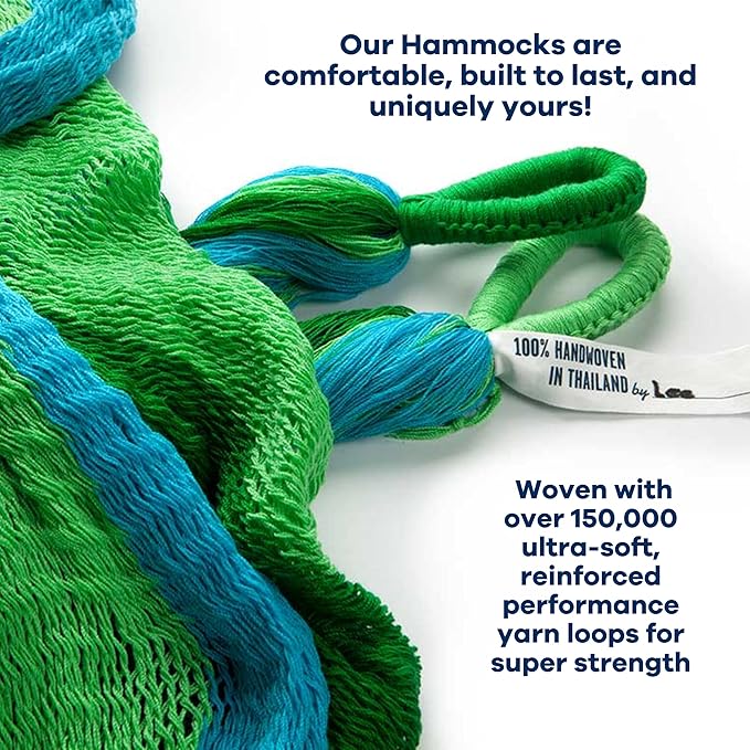 Handwoven Hammock by Yellow Leaf Hammocks - Double Size, Fits 1-2 PPL, 400lb max - Weathersafe, Super Strong, Easy to Hang, Ultra Soft, Artisan Made - Color: Blue - Green
