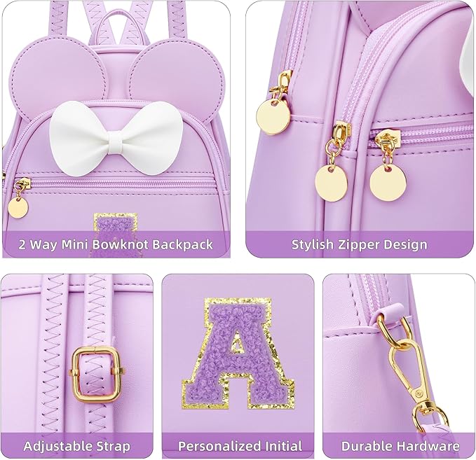 KKXIU Girls Initial Bowknot Cute Mini Backpack for Toddler, Travel Small Girl Backpacks, Personalized Birthday Gifts for Little Girls and Kids(A, Purple)