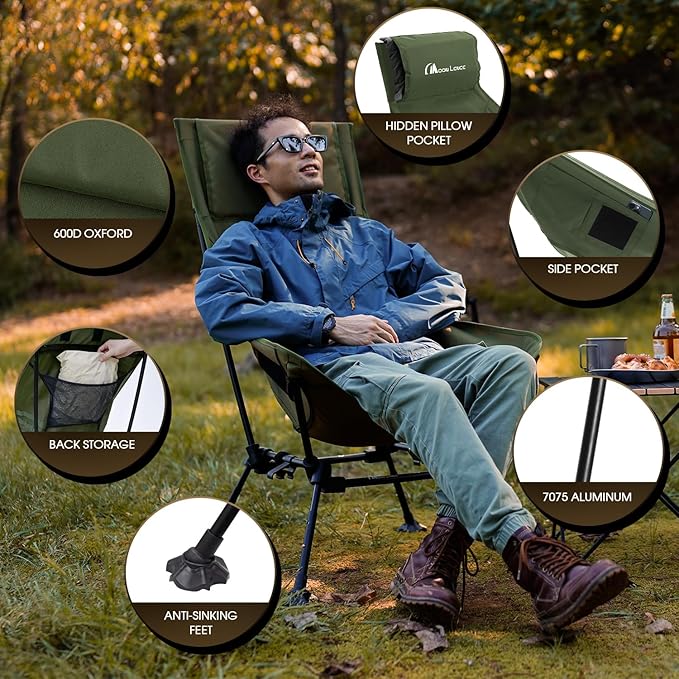 MOON LENCE Oversized Camping Chair for Adults, Height Adjustable High-Back Folding Camping Chair with 400 lbs Capacity, Hidden Pillow Pocket and Wide Seat for Camping, Hiking, Picnics, Green