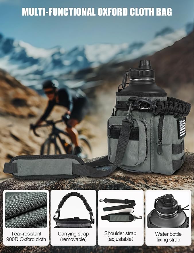 Tactical Half Gallon Water Bottle with Straw, 64 oz Insulated Water Jug with Molle Sleeve, Stainless Steel Sport Bottle with 3 BPA Free Lids for Gym Workout Hiking (Gray, 64OZ)