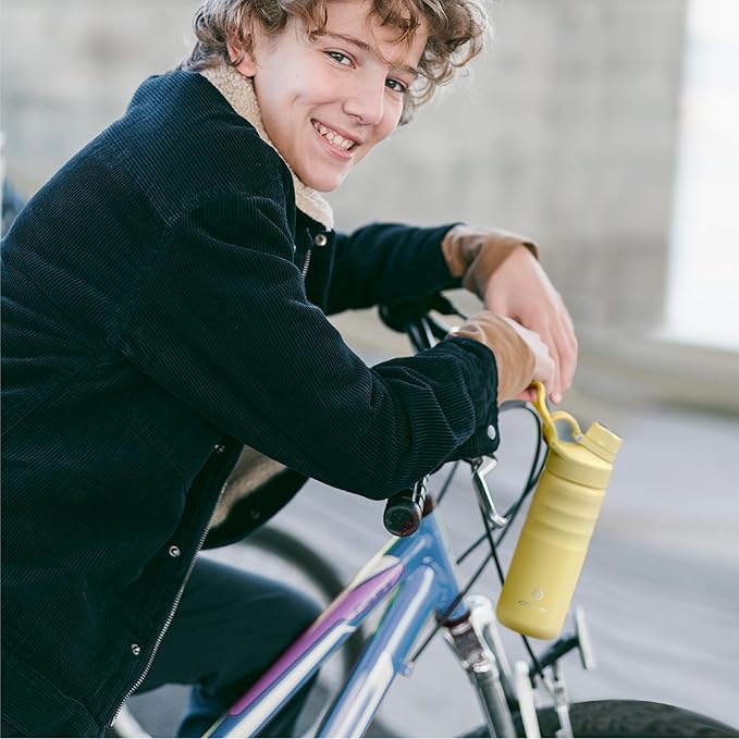 IDEUS Insulated Stainless Steel Water Bottle with 2 Leak-Proof Lids, Thermal Water Flask for Hiking Biking, 18oz, Light Yellow