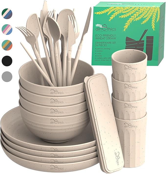 Wheat Straw Dinnerware Sets for 4 - Alternate To Plastic Dinnerware Set - Dishwasher Safe Microwave Plates - Lightweight Wheatstraw Dishes - Unbreakable Camping Plates & RV Dishes