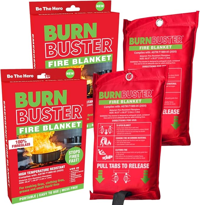 2-Pack Emergency Fire Blanket - ASTM Certified Fire Suppression Blanket for Home, Kitchen, Grill, Camping, Car & More - 40" x 40" Flame Retardant Fabric, No Mess, Easy Deployment