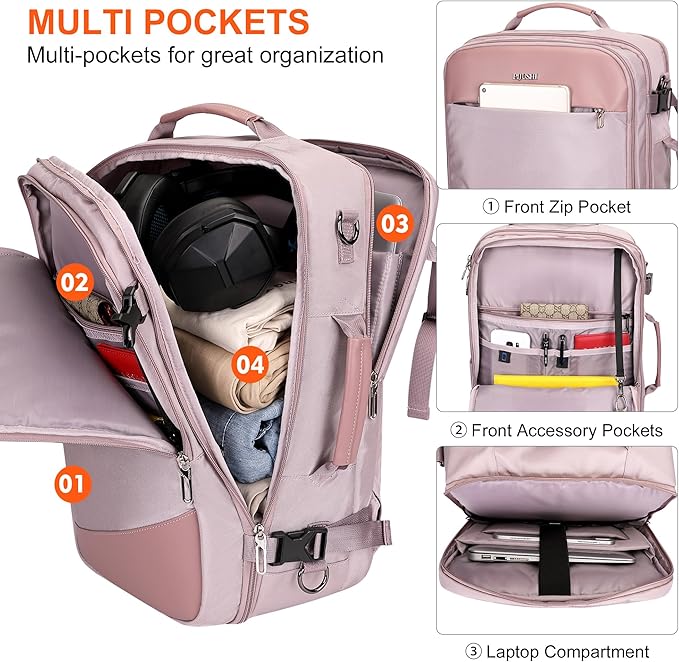PIJUSHI Travel Backpack for Women Carry on Suitcase Backpack Flight Approved Personal Item Bag Fits 16 Inch Laptop(PE035 Light Purple)
