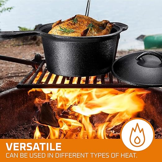 Bruntmor Camping Cooking Set of 7. Pre Seasoned Cast Iron Pots and Pans Dutch Oven with Lids for Outdoor Comefire. Grill Cookware Skillet Sets with Storage Box