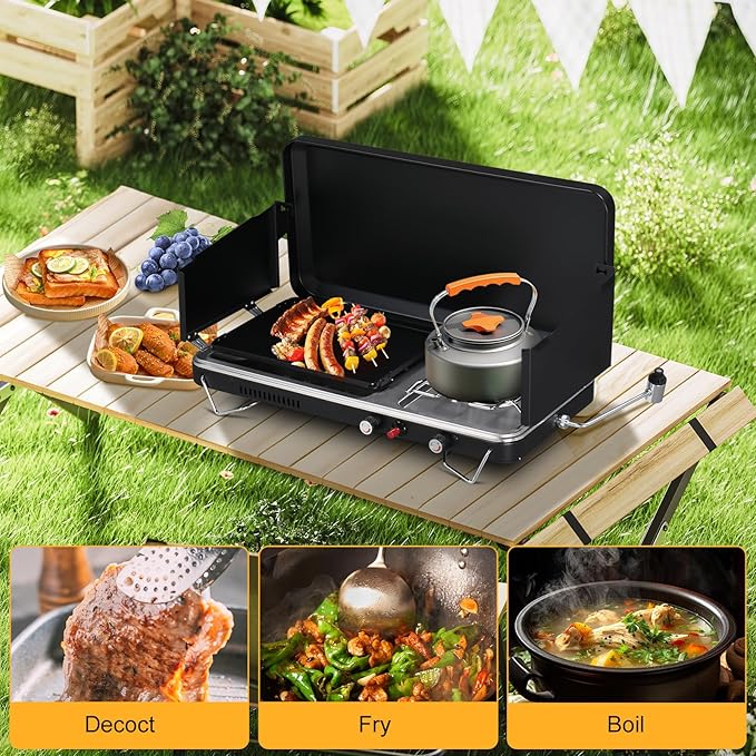Bonnlo 2-in-1 Camping Stove with Propane Griddle, 15000 BTU Portable Gas Stove with Auto-Ignition, Foldable Windshield & Carry Handle, Camp Stove for Outdoor Cooking, BBQ, Frying, Camping, Tailgating