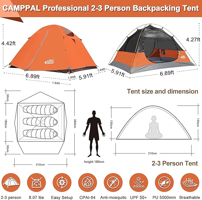 2-3 Person Backpacking Tent with Double Door 2 Vestibule, Waterproof Windproof Lightweight Easy Set Up 3 Season 2 Man Two Person Tent for Camping, Hiking, Motorcycle, Mountaineering with UPF 50+