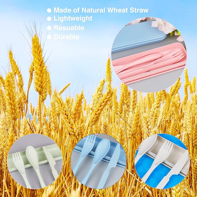 Reusable Travel Utensils Set with Case, Beige Wheat Straw Portable Knife Fork Spoons Tableware, Eco-Friendly BPA Free Cutlery for Kids and Adults as Travel Picnic Camping Utensils
