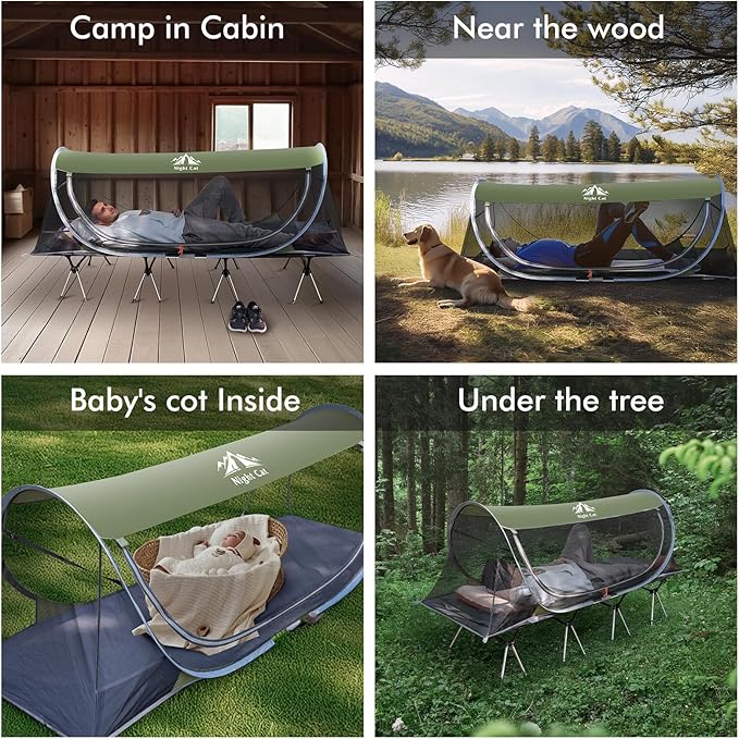 Night Cat Pop-up Mosquito Tent: 1 Person Camping Tent with Bug Screen Net Easy Set-up Tent Fits with Camping Cot (Excluded)