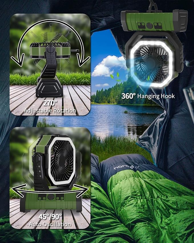 ADUST Camping Battery Powered Fan with LED Light 20000mAh Rechargeable Portable, Oscillating Cordless USB Desk Fan with Rotation Hanging Hook for Tent, Canopy, Beach, Outdoor Travel(Green)