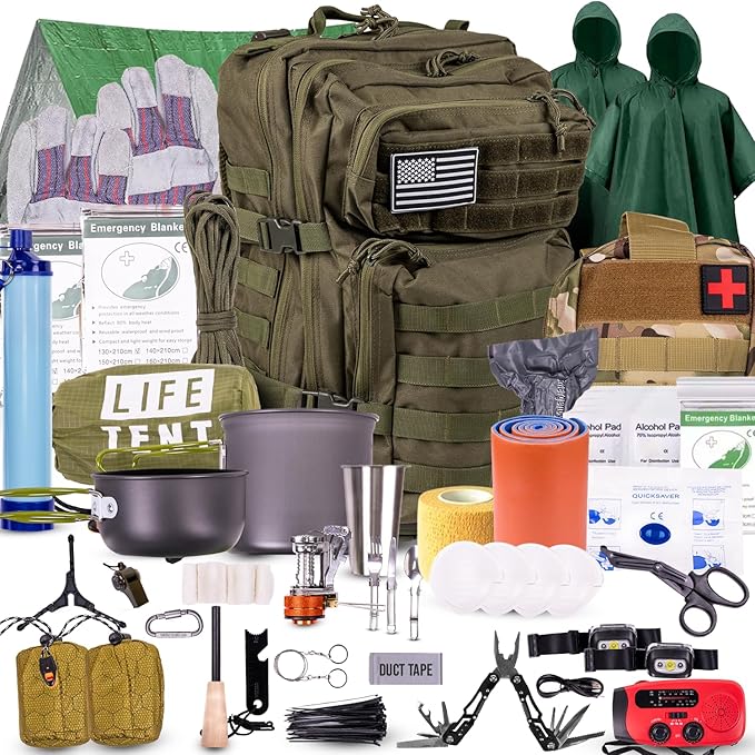 72-Hour Survival Kit | Emergency Bug Out Bag with First Aid, Water Filter, Food, Tools | 45L Tactical Backpack for Camping, Hiking, Outdoor Emergency Preparedness