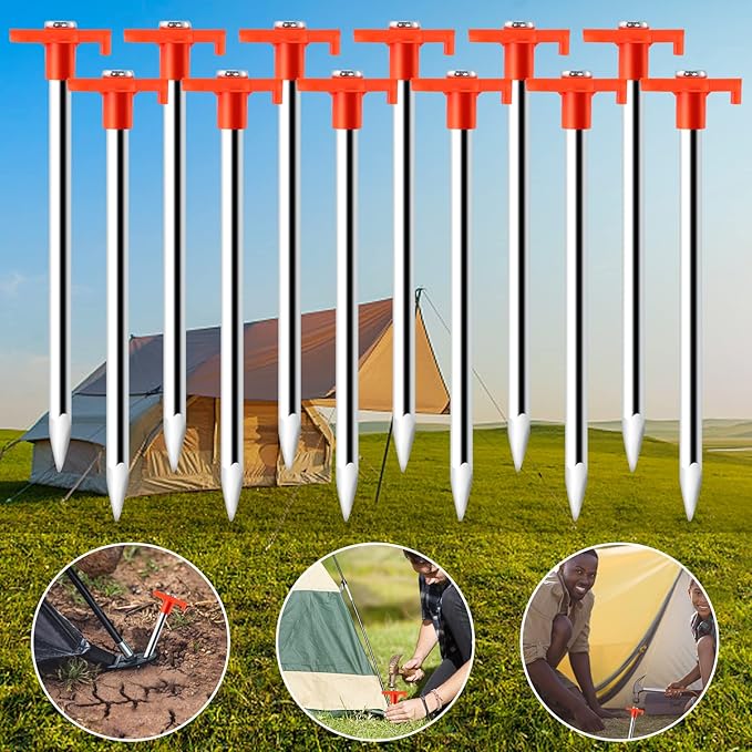 Tent Stakes,20 Pack Non-Rust Camping Family Tent Pop Up Tent Stakes,Heavy Duty Metal Tent Pegs,Steel Ground Stakes,Camping Stakes Canopy Stakes for Outdoor Camping Canopy and Tarp,with 8x10FT Ropes