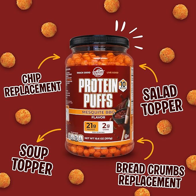 Twin Peaks Protein Puffs - (Mesquite Barbecue), Keto Friendly, Low Carb Snack (300g, 21g Protein, 2g Net Carbs, High Protein, Healthy Crunchy Snack)