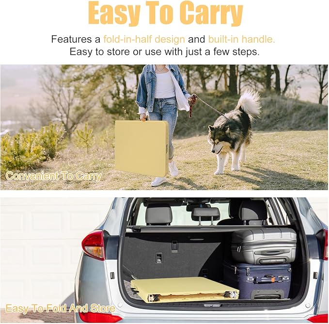 4 FT Folding Table with Carry Handle, Portable Fold-in-Half Plastic Table, Rectangle Foldable Table for Indoor/Outdoor Light Yellow