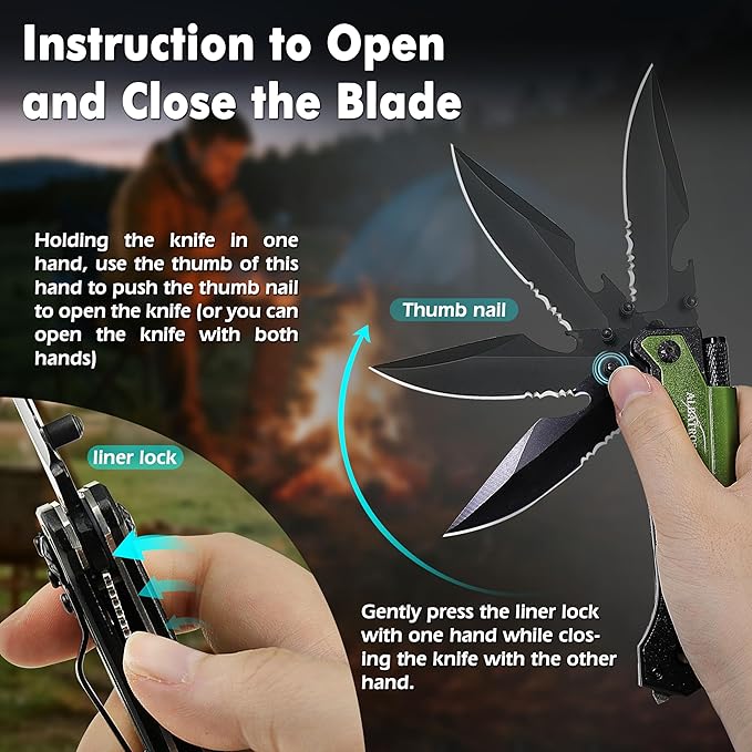 ALBATROSS 7-in-1 Folding Pocket Knife with Glass Breaker, Seatbelt Cutter, Serrated Blade, LED Flashlight, Fire Starter & Bottle Opener - Emergency & Outdoor Tool with Pouch (Green) FK01-GN