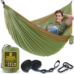 Durable Hammock 500 lb Capacity, Nylon Camping Hammock Chair - Double or Single Sizes w/Tree Straps and Attached Carry Bag - Portable for Travel/Backpacking/Beach/Backyard (Large, Khaki & Army Green)