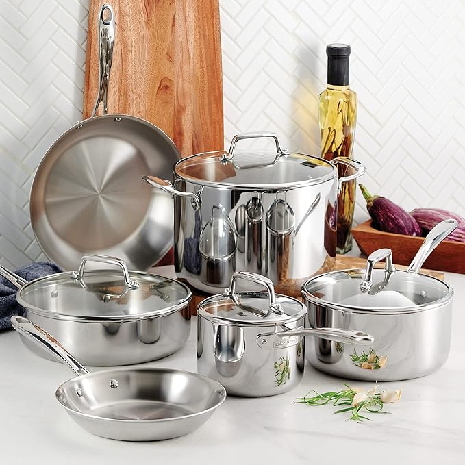 Tramontina Tri-Ply Clad Stainless Steel 10-Piece Cookware Set with Glass Lids, Pots and Pans Kitchen Set, Induction-Ready, Dishwasher-Safe, Made in Brazil