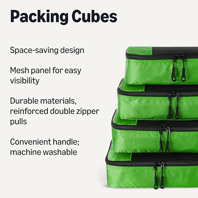 Amazon Essentials 4-Piece Packing Cubes Travel Accessories Set, Luggage Organizer with Double Zipper, Mesh Top, 100% Polyester, Small/Medium/Large/Slim, Green (Previously Amazon Basics)
