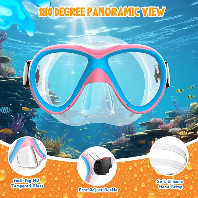 Kids Snorkel Set, Dry Top Snorkeling Gear for Kids, Diving Mask for Youth Boys Girls Age 5-15, Tempered Glass Swimming Goggles Combo Set, Anti-Fog Panoramic View Kids Snorkel Set