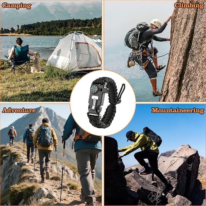 Paracord Survival Bracelet (3 Pack) - Adjustable with Fire Starter, Whistle, Compass - Survival Gear for Hiking, Camping, Fishing