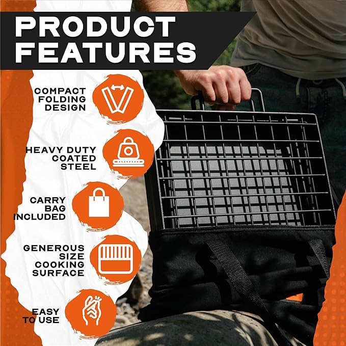 24" Heavy Duty Folding Campfire Grill, Compact Swivel Grill Design, Food-Safe Cooking Surface, Grate & Griddle for Campfire Cooking, Australian Owned