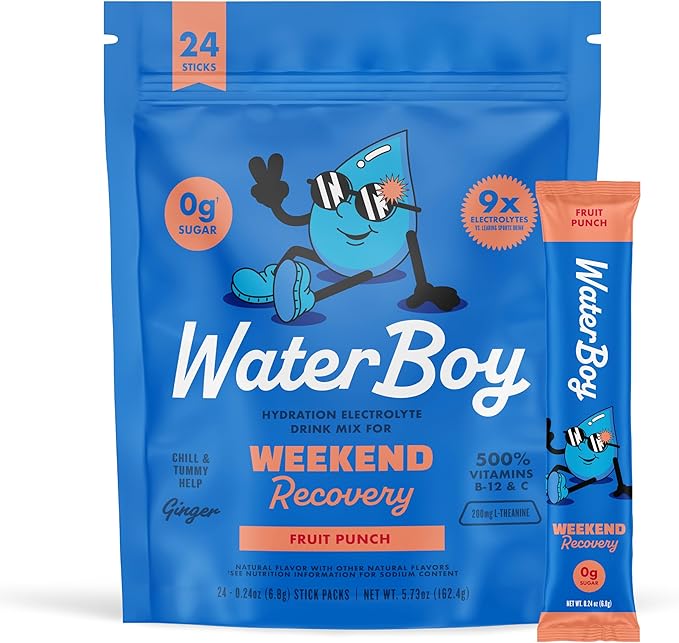 Waterboy Weekend Recovery | 3,200mg Electrolyte Powder Packets | Ginger + L-Theanine + Vitamins | No Sugar, All Natural, Gluten Free | 24 Drink Stick Mixes (Fruit Punch)