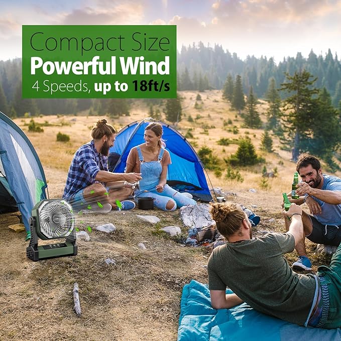 20000mAh Camping Fan, Rechargeable Battery Operated with 360° Rotatable Hook, 400 Lumes Light, 270° Pivot, 4 Speeds, 58Hrs Battery Powered Fan for Outdoor Tent Car Trip BBQ Hurricane Power Outages