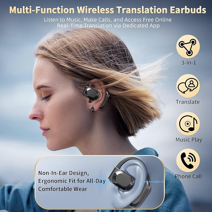 Ai Language Translation Earbuds, Translator Earbuds Real Time with APP Compatible with iOS & Android, 144-Language Bluetooth Headphones Translating Device for Travel and Business - Black