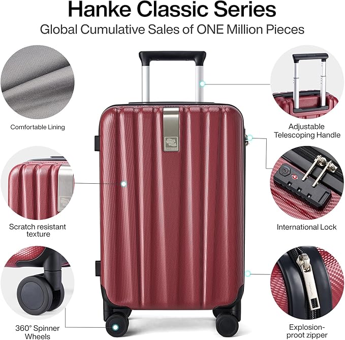 Hanke 29 Inch Luggage Suitcases With Spinner Wheels Lightweight PC hardside Rolling Suitcase With Travel Lock, Checked-Large 29-Inch Christmas Gifts for Birthday （Burgundy）