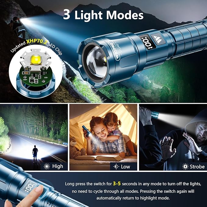 WdtPro LED Rechargeable Flashlight 2 Pack, Super Bright Zoomable 6000 Lumens Tactical Flashlight with LCD Digital Display, 3 Mode Waterproof Flash Light for Camping, Hunting & Home Emergency - Blue