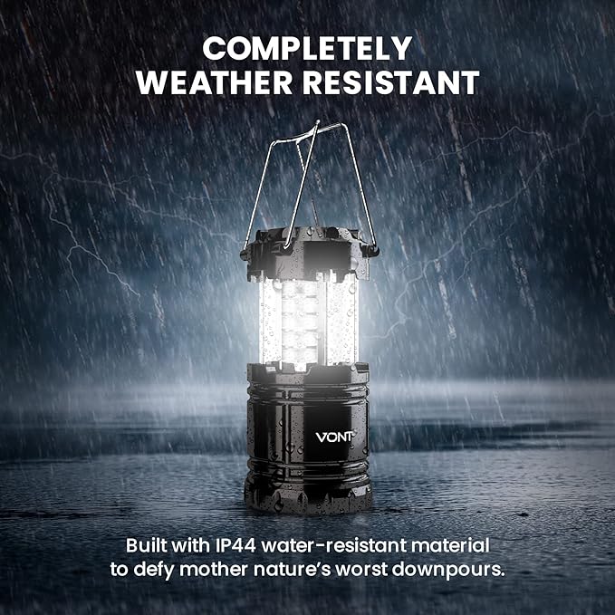 Vont LED Camping Lantern, LED Lanterns, Suitable Survival Kits for Hurricane, Emergency Light for Storm, Outages, Outdoor Portable Lanterns, Black, Collapsible, (Batteries Included)