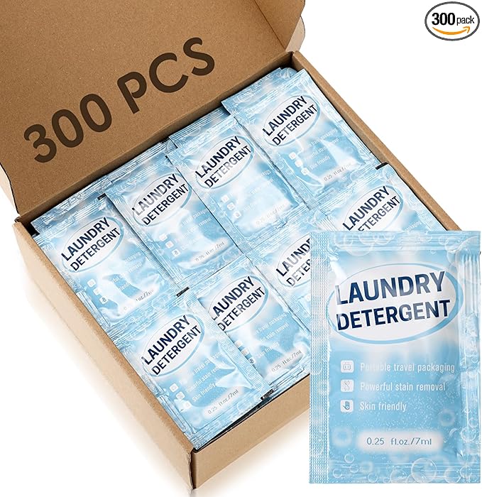 Leelosp 300 Pcs Individual Travel Laundry Detergent Bulk Travel Size Laundry Detergent Packets Portable Single Use Liquid Soap for Traveler Hostel Essentials Cleaning