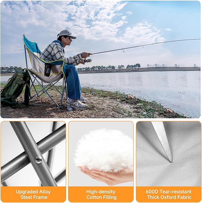 Oversized Camping Chair for Adults – Heavy Duty Folding Chair with Cup Holders, Storage Pocket & Carry Bag – Outdoor Padded Camp Chair for Camping, Backyard, Fishing & Sports – Supports 400lbs