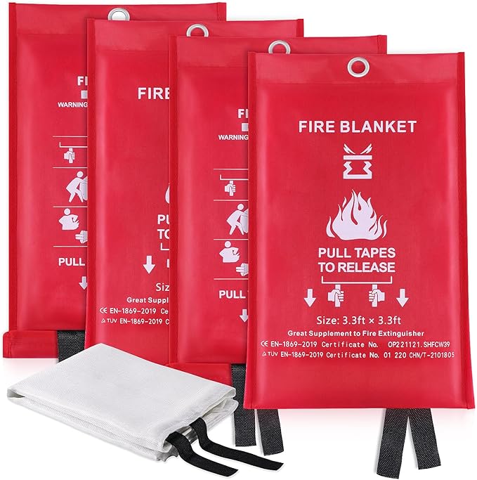 Fire Blanket for Kitchen Home Emergency - Fiberglass Blankets Fire Survival Suspension Flames Retardant Extinguisher Great for Stove Car Garage Office Camping Caravan BBQ Safety (4-Pack)