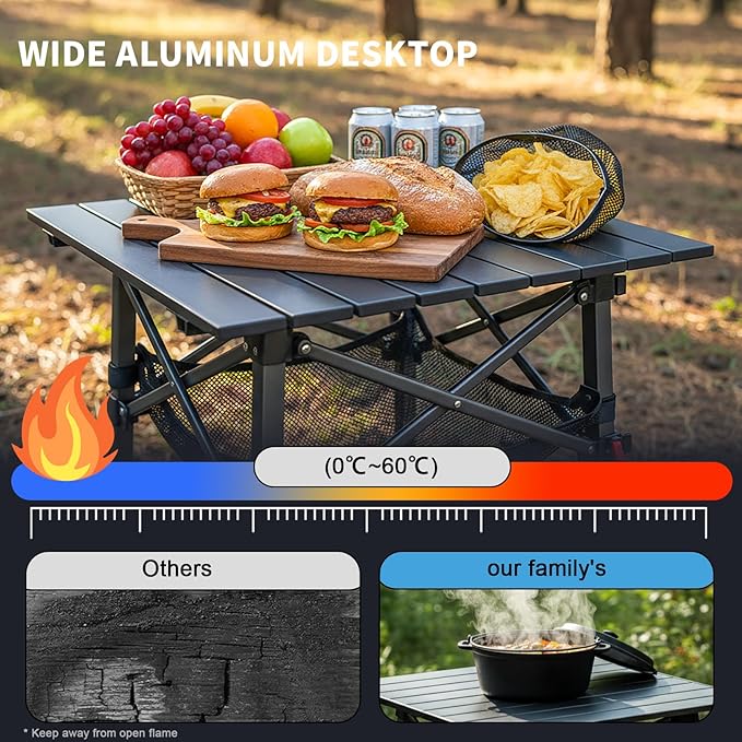 Folding Camping Table, Portable Lightweight Beach Tables for Sand Foldable, Aluminum Roll-up Folding Square Table for Outdoor Camping, Picnic, Card, Travel (Black with Storage Basket)