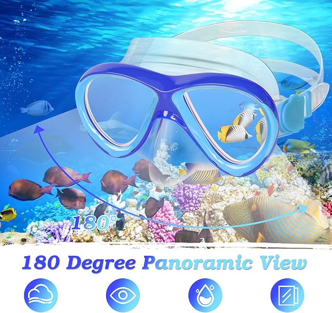 Snorkeling Gear for Kids Ages 5-15, 4 in 1 Mask Fins Snorkel Set with HD Tempered Glass Panoramic View Anti-Fog Mask, Dry Top Snorkel, Adjustable Trek Fins, and Mesh Bag, Kids Snorkel Set for Youth