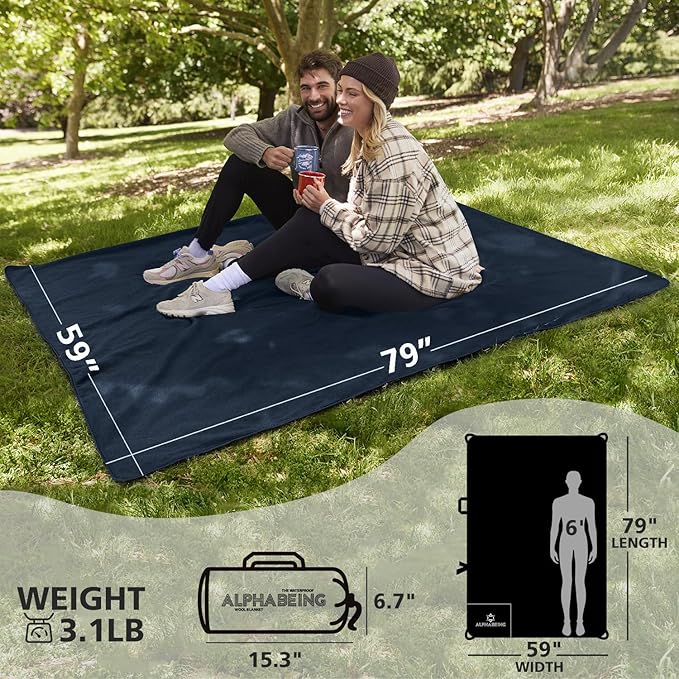 AlphaBeing Waterproof Outdoor Blanket with Merino Wool, Extra Thick Warm, Windproof, Packable Stadium Blankets for Cold Weather, Camping Gift, Pet, Car, Picnic, Concerts, 79" x 59", Navy