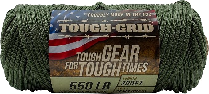 TOUGH-GRID 550 Paracord Rope Nylon Parachute Cord, Made in USA Survival Kit, Outdoor Adventures, Camping, Tactical Gear & Emergency Supplies, Military Type III Mil-Spec