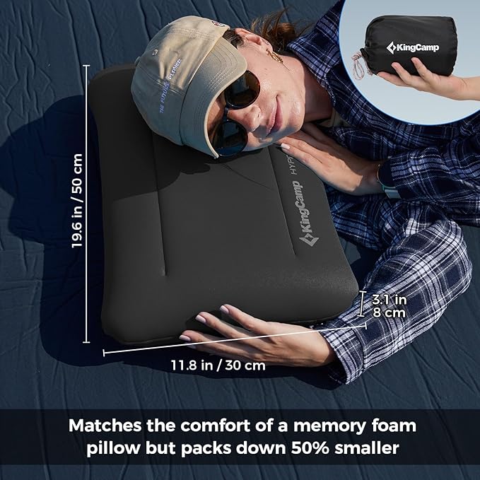 KingCamp Inflatable Pillow for Camping, Extra Large Camping Pillow, Portable Ergonomic Air Pillow with Removable Washable Memory Foam Cover for Camp, Hiking, Car, Beach, Travel