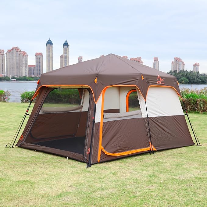 KTT Large Tent 6-12 Person,Family Cabin Tents,Straight Wall,3 Doors and 3 Windows with Mesh,Waterproof,Big Tent for Outdoor,Picnic,Camping,Family,Friends Gathering.