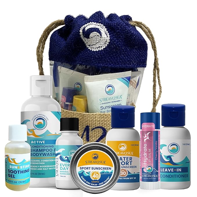 STREAM 2 SEA Natural Hair & Skin Care Gift Set, Body & Face Travel Kit, Shampoo & Body Wash Conditioner, Everyday Mineral Sunscreen, Tinted Sunscreen, Sun & Sting Soothing Gel and Hydrate Lip Balm