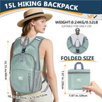 15L Hiking Backpack - Small Lightweight Packable Daypack Travel Outdoor Foldable Shoulder Bag Camping Hiking Backpack for Women Men - Grey