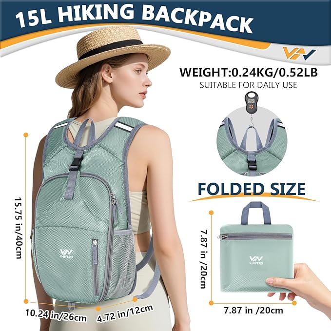 15L Hiking Backpack - Small Lightweight Packable Daypack Travel Outdoor Foldable Shoulder Bag Camping Hiking Backpack for Women Men - Grey