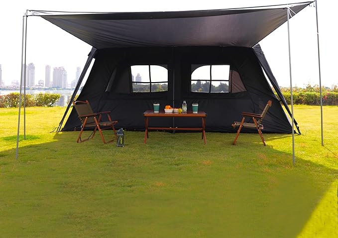 KTT Extra Large Tent 12 Person,Awning Family Cabin Tents,2 Rooms,3 Doors and 3 Windows with Mesh,Straight Wall,Waterproof,Double Layer,Big Tent for Outdoor,Picnic,Camping,Family Gathering