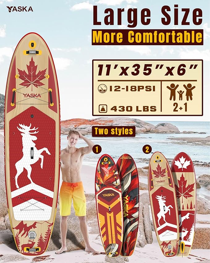 YASKA Inflatable Stand Up Paddle Board - 11ft Extra Wide Paddleboard with Premium SUP Board Accessories,Camera Mount,Non-Slip EVA Deck,5 Handles,Youth/Adult